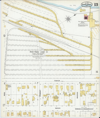 Sanborn Fire Insurance Map from Rhinelander, Oneida County, Wisconsin (1900), Sheet #0013 - Historic Sanborn Fire Insurance Map Print, vintage old map wall art, antique decor, genealogy gift, Wisconsin Wisconsin map