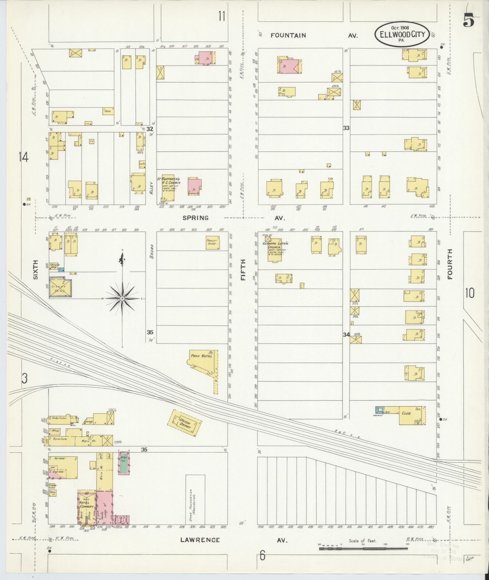 Sanborn Fire Insurance Map from Ellwood City, Lawrence County, Pennsylvania (1908), Sheet #0005 - Historic Sanborn Fire Insurance Map Print, vintage old map wall art, antique decor, genealogy gift, Pennsylvania Pennsylvania map