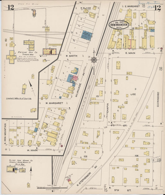 Sanborn Fire Insurance Map from Iron Mountain, Dickinson County, Michigan (1923), Sheet #0012 - Historic Sanborn Fire Insurance Map Print, vintage old map wall art, antique decor, genealogy gift, Michigan Michigan map