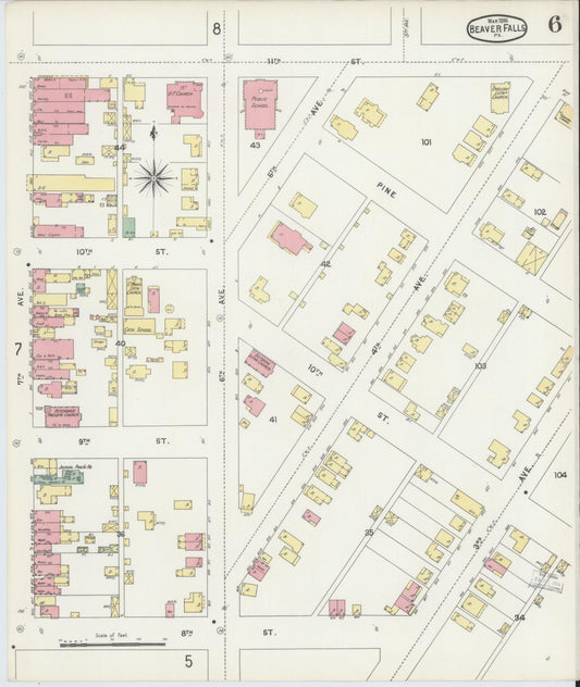 Sanborn Fire Insurance Map from Beaver Falls, Beaver County, Pennsylvania (1896), Sheet #0006 - Historic Sanborn Fire Insurance Map Print, vintage old map wall art, antique decor, genealogy gift, Pennsylvania Pennsylvania map