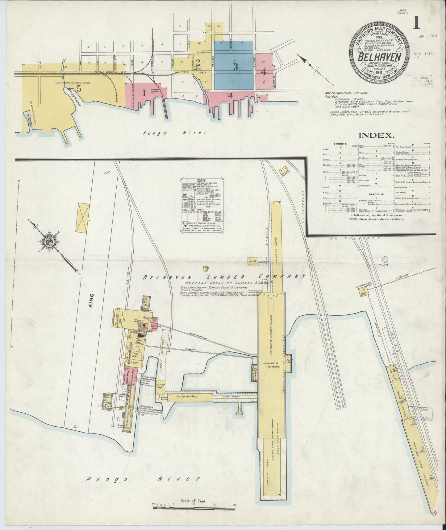 Sanborn Fire Insurance Map from Belhaven, Beaufort County, North Carolina (1911), Sheet #0001 - Complete Map Set gallery image, historic Sanborn map, vintage wall art, North Carolina North Carolina