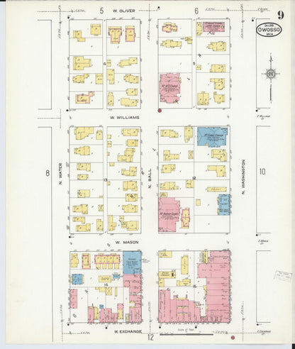 Sanborn Fire Insurance Map from Owosso, Shiawassee County, Michigan (1915), Sheet #0009 - Historic Sanborn Fire Insurance Map Print, vintage old map wall art, antique decor, genealogy gift, Michigan Michigan map