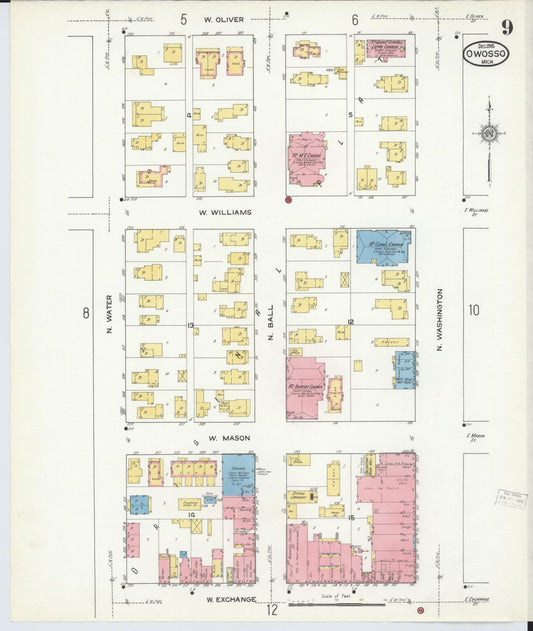 Sanborn Fire Insurance Map from Owosso, Shiawassee County, Michigan (1915), Sheet #0009 - Historic Sanborn Fire Insurance Map Print, vintage old map wall art, antique decor, genealogy gift, Michigan Michigan map