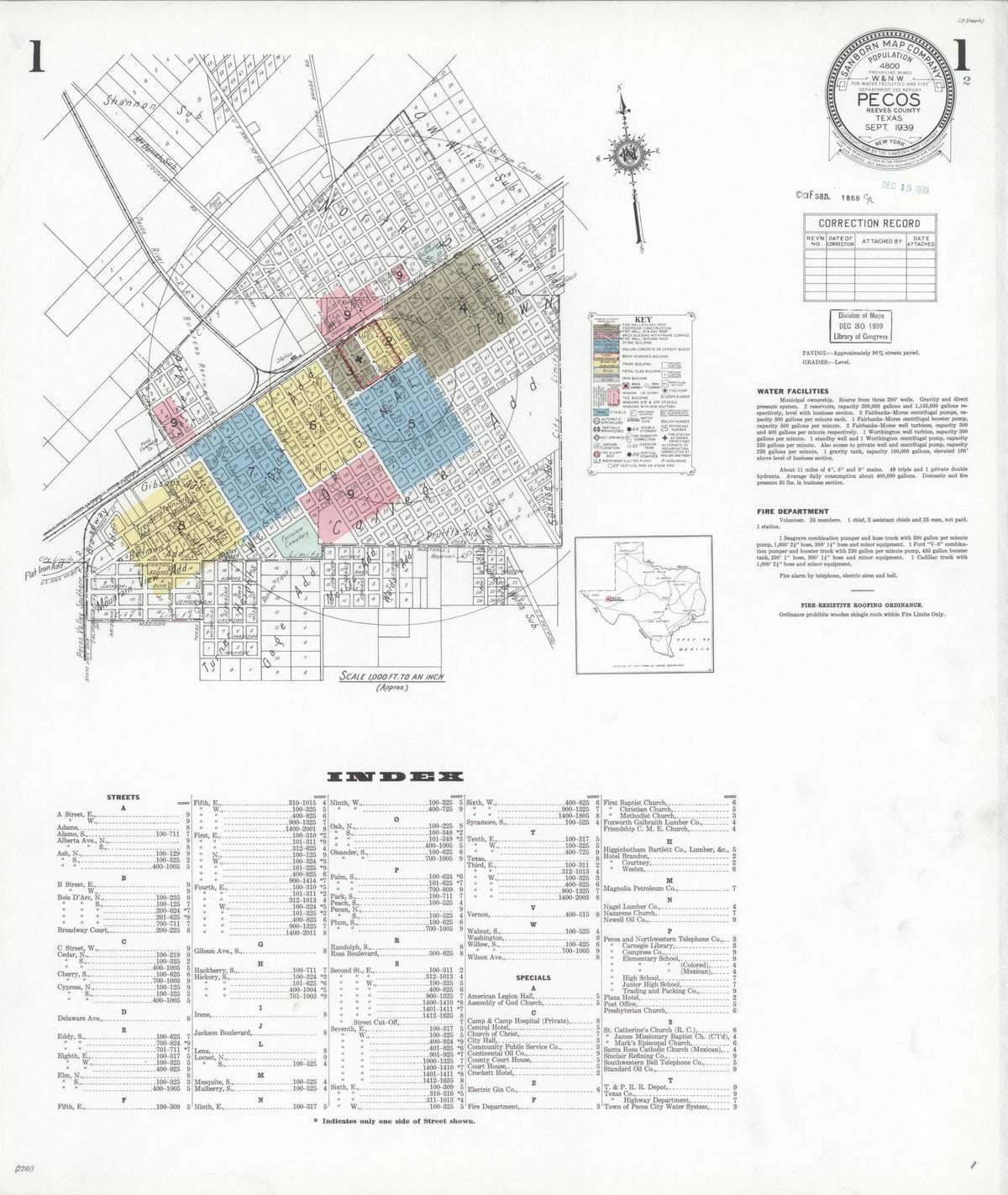 Sanborn Fire Insurance Map from Pecos, Reeves County, Texas (1939), Sheet #0001 - Historic Sanborn Fire Insurance Map Print, vintage old map wall art, antique decor, genealogy gift, Texas Texas map