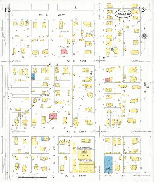 Sanborn Fire Insurance Map from Oskaloosa, Mahaska County, Iowa (1927), Sheet #0012 - Historic Sanborn Fire Insurance Map Print, vintage old map wall art