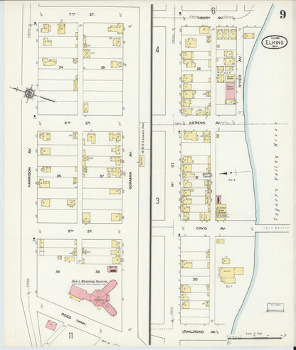 Sanborn Fire Insurance Map from Elkins, Randolph County, West Virginia (1910), Sheet #0009 - Complete Map Set gallery image, historic Sanborn map, vintage wall art, West Virginia West Virginia