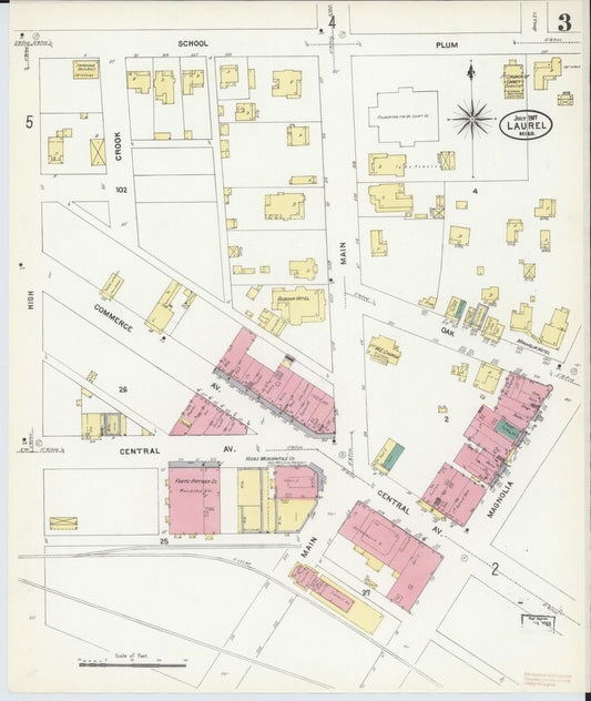 Sanborn Fire Insurance Map from Laurel, Jones County, Mississippi (1907), Sheet #0003 - Historic Sanborn Fire Insurance Map Print, vintage old map wall art, antique decor, genealogy gift, Mississippi Mississippi map