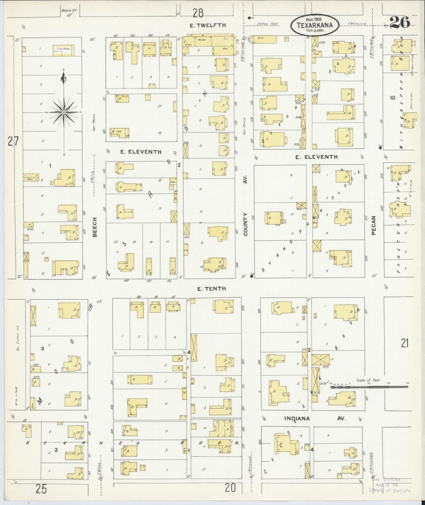 Sanborn Fire Insurance Map from Texarkana, Bowie County, Texas (1909), Sheet #0026 - Complete Map Set gallery image, historic Sanborn map, vintage wall art, Texas Texas