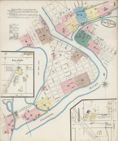 Sanborn Fire Insurance Map from Eau Claire, Eau Claire County, Wisconsin (1885), Sheet #0001 - Complete Map Set gallery image, historic Sanborn map, vintage wall art, Wisconsin Wisconsin