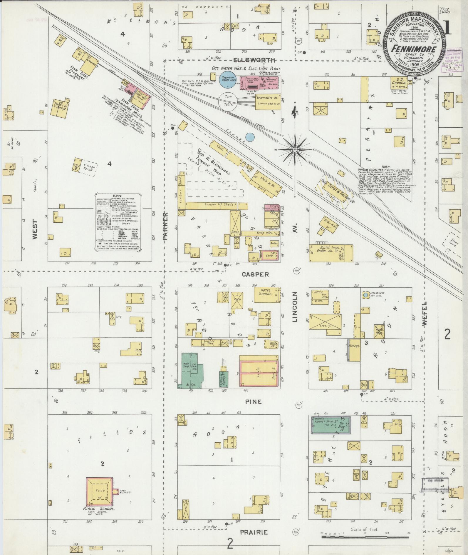 Sanborn Fire Insurance Map from Fennimore, Grant County, Wisconsin (1905), Sheet #0001 - Complete Map Set gallery image, historic Sanborn map, vintage wall art, Wisconsin Wisconsin