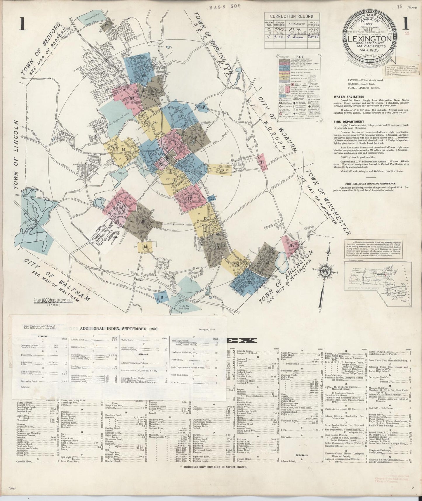 Sanborn Fire Insurance Map from Lexington, Middlesex County, Massachusetts (1950), Sheet #0001 - Historic Sanborn Fire Insurance Map Print, vintage old map wall art, antique decor, genealogy gift, Massachusetts Massachusetts map