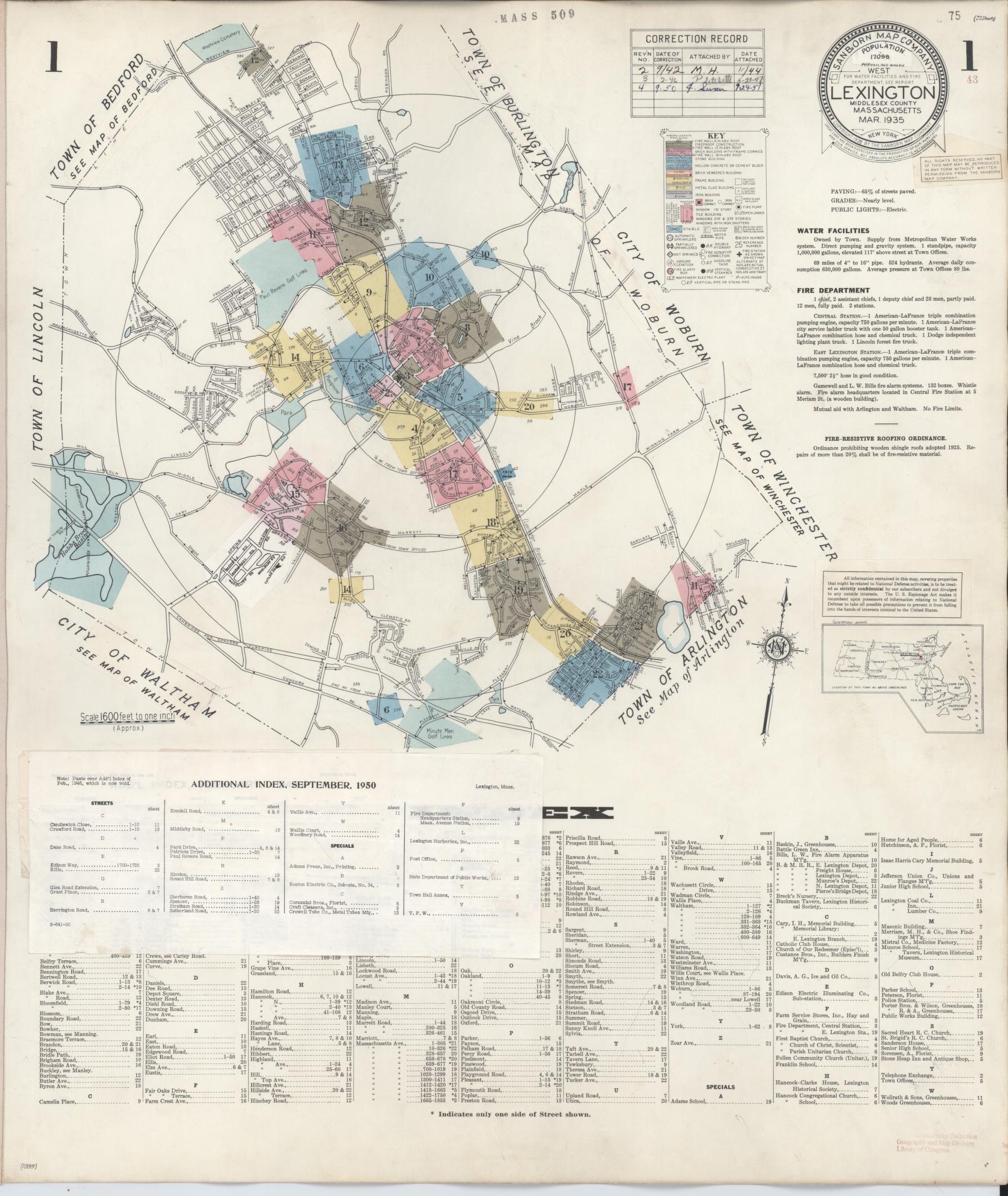 Sanborn Fire Insurance Map from Lexington, Middlesex County, Massachusetts (1950), Sheet #0001 - Historic Sanborn Fire Insurance Map Print, vintage old map wall art, antique decor, genealogy gift, Massachusetts Massachusetts map