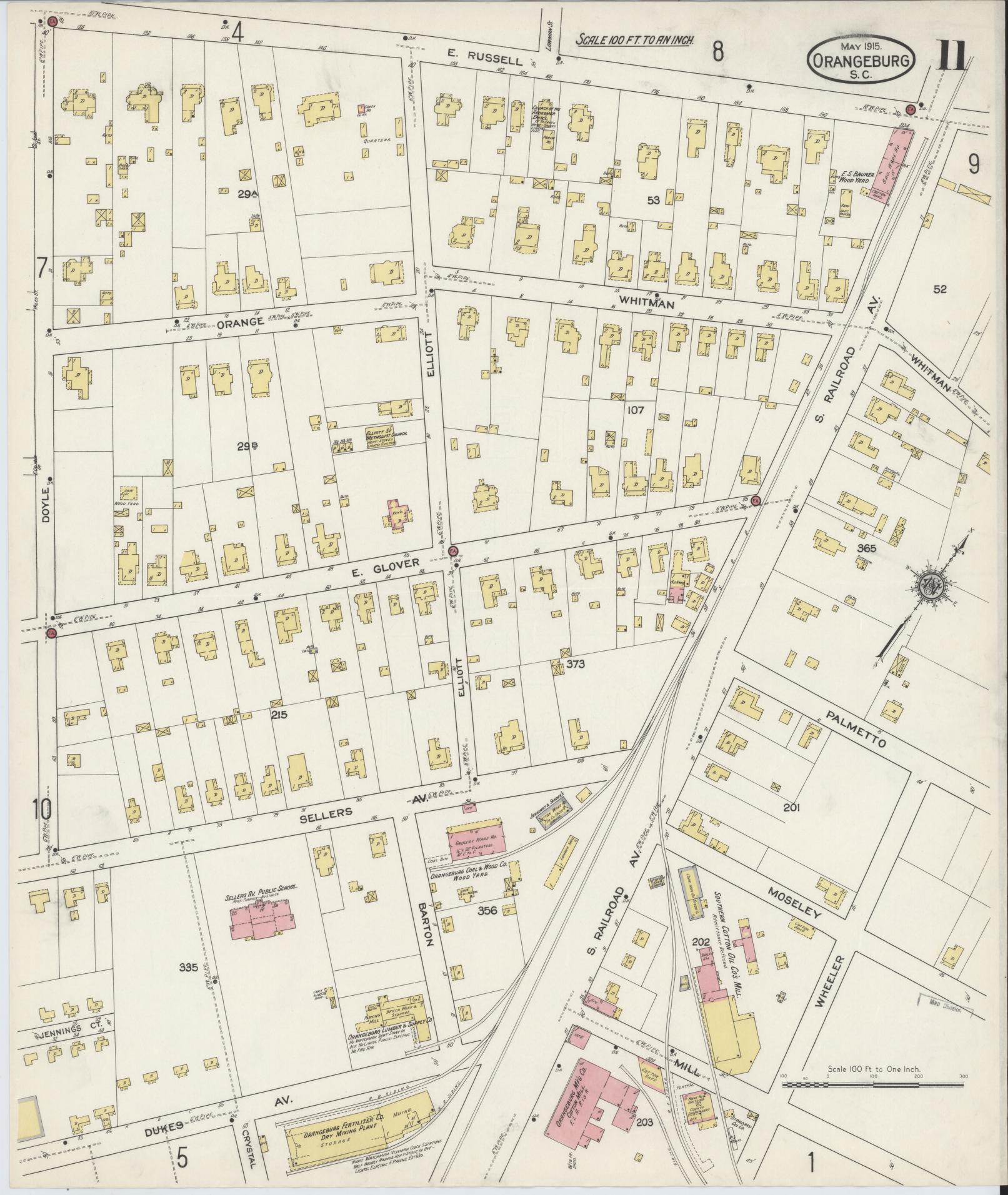 Sanborn Fire Insurance Map from Orangeburg, Orangeburg County, South Carolina (1915), Sheet #0011 - Complete Map Set gallery image, historic Sanborn map, vintage wall art, South Carolina South Carolina