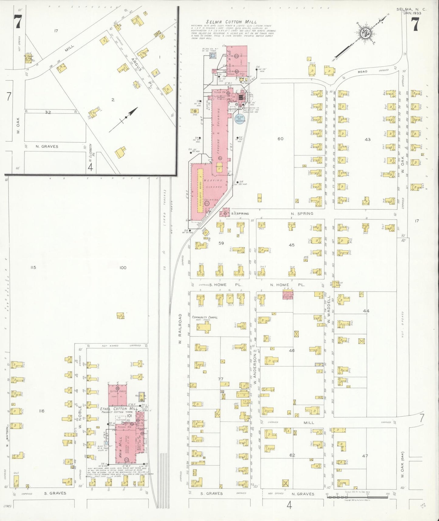 Sanborn Fire Insurance Map from Selma, Johnston County, North Carolina (1933), Sheet #0007 - Historic Sanborn Fire Insurance Map Print, vintage old map wall art, antique decor, genealogy gift, North Carolina North Carolina map