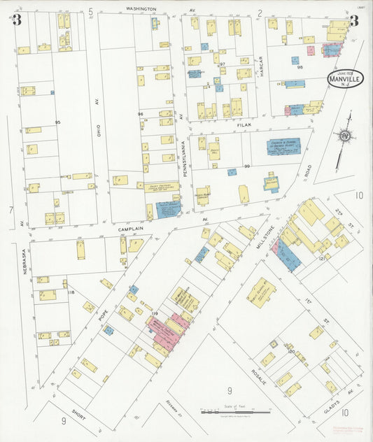 Sanborn Fire Insurance Map from Manville, Somerset County, New Jersey (1928), Sheet #0003 - Historic Sanborn Fire Insurance Map Print, vintage old map wall art, antique decor, genealogy gift, New Jersey New Jersey map