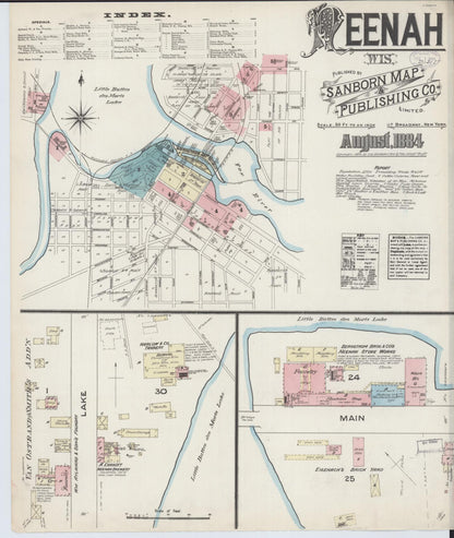 Sanborn Fire Insurance Map from Neenah, Winnebago County, Wisconsin (1884), Sheet #0001 - Historic Sanborn Fire Insurance Map Print, vintage old map wall art, antique decor, genealogy gift, Wisconsin Wisconsin map