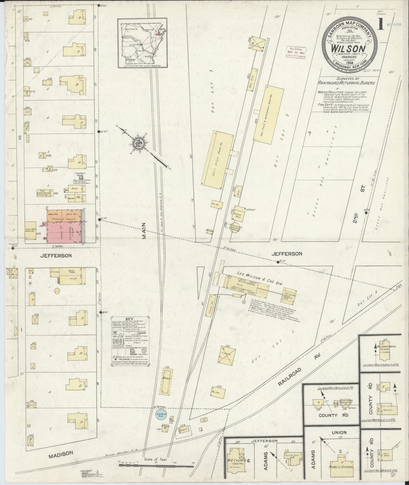 Sanborn Fire Insurance Map from Wilson, Mississippi County, Arkansas (1914), Sheet #0001 - Historic Sanborn Fire Insurance Map Print, vintage old map wall art, antique decor, genealogy gift, Wilson Mississippi map