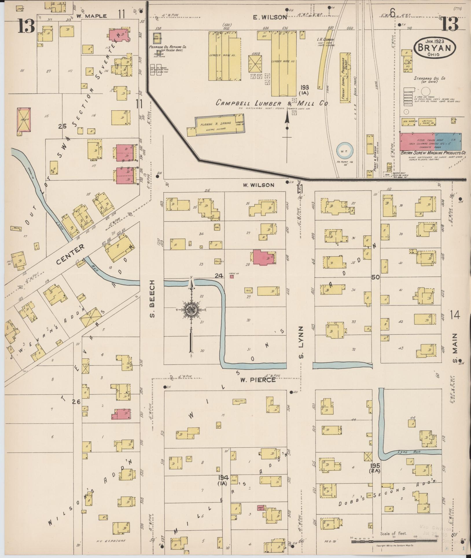 Sanborn Fire Insurance Map from Bryan, Williams County, Ohio (1923), Sheet #0013 - Historic Sanborn Fire Insurance Map Print, vintage old map wall art, antique decor, genealogy gift, Ohio Ohio map