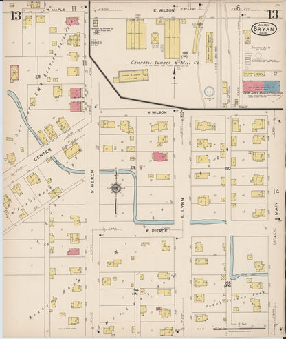 Sanborn Fire Insurance Map from Bryan, Williams County, Ohio (1923), Sheet #0013 - Historic Sanborn Fire Insurance Map Print, vintage old map wall art, antique decor, genealogy gift, Ohio Ohio map