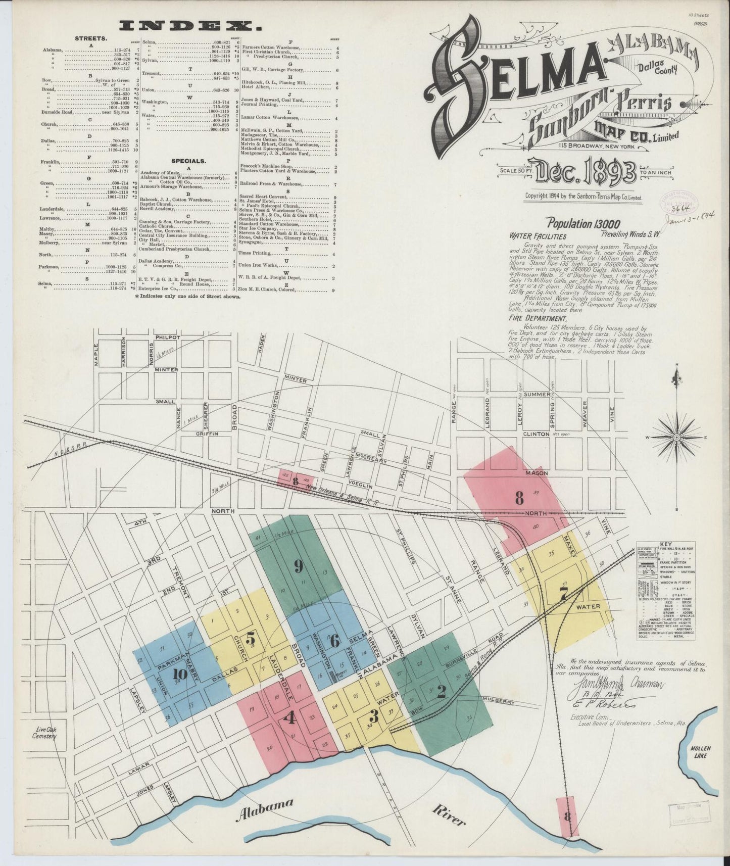 Sanborn Fire Insurance Map from Selma, Dallas County, Alabama (1893), Sheet #0001 - Historic Sanborn Fire Insurance Map Print, vintage old map wall art, antique decor, genealogy gift, Alabama Alabama map