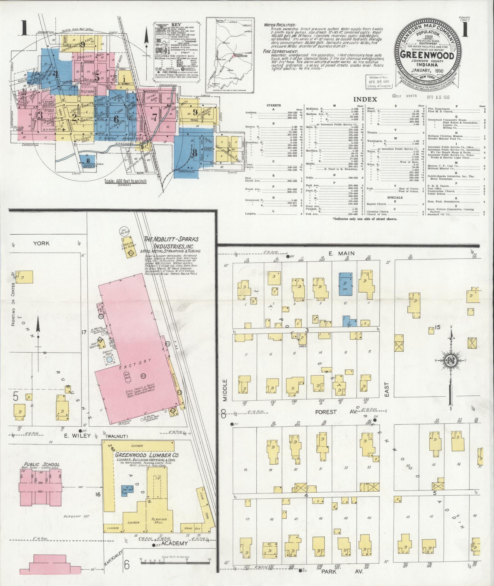 Sanborn Fire Insurance Map from Greenwood, Johnson County, Indiana (1930), Sheet #0001 - Complete Map Set gallery image, historic Sanborn map, vintage wall art, Indiana Indiana