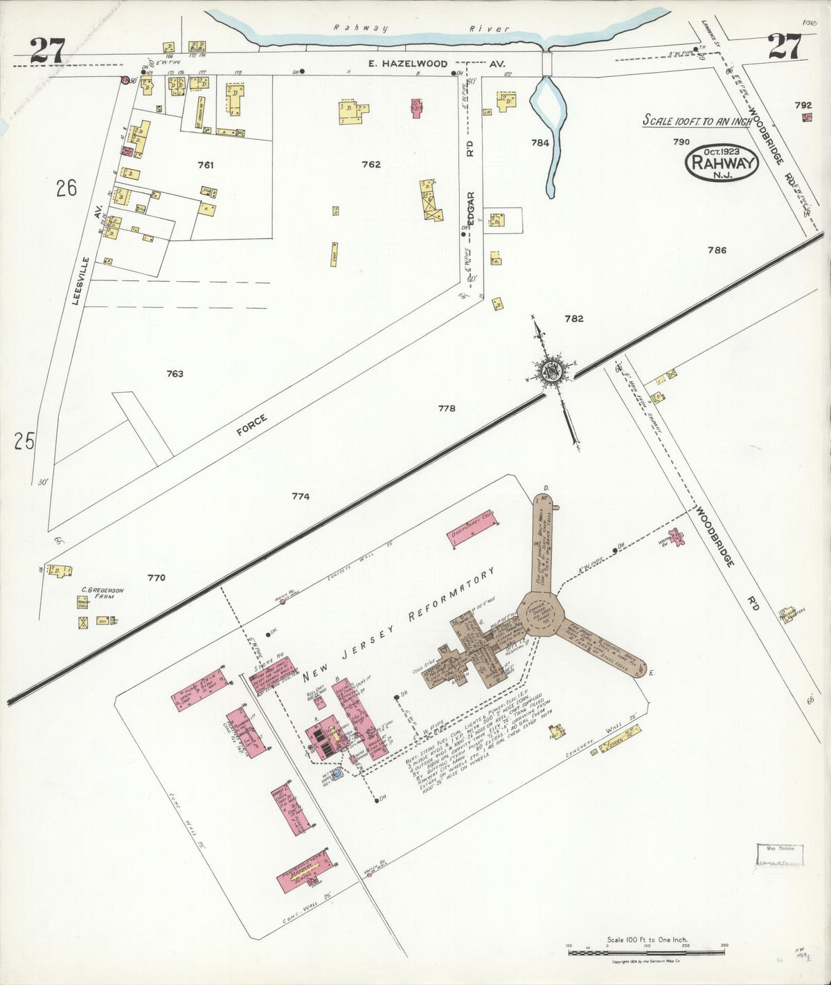 Sanborn Fire Insurance Map from Rahway, Union County, New Jersey (1923), Sheet #0027 - Historic Sanborn Fire Insurance Map Print, vintage old map wall art, antique decor, genealogy gift, New Jersey New Jersey map