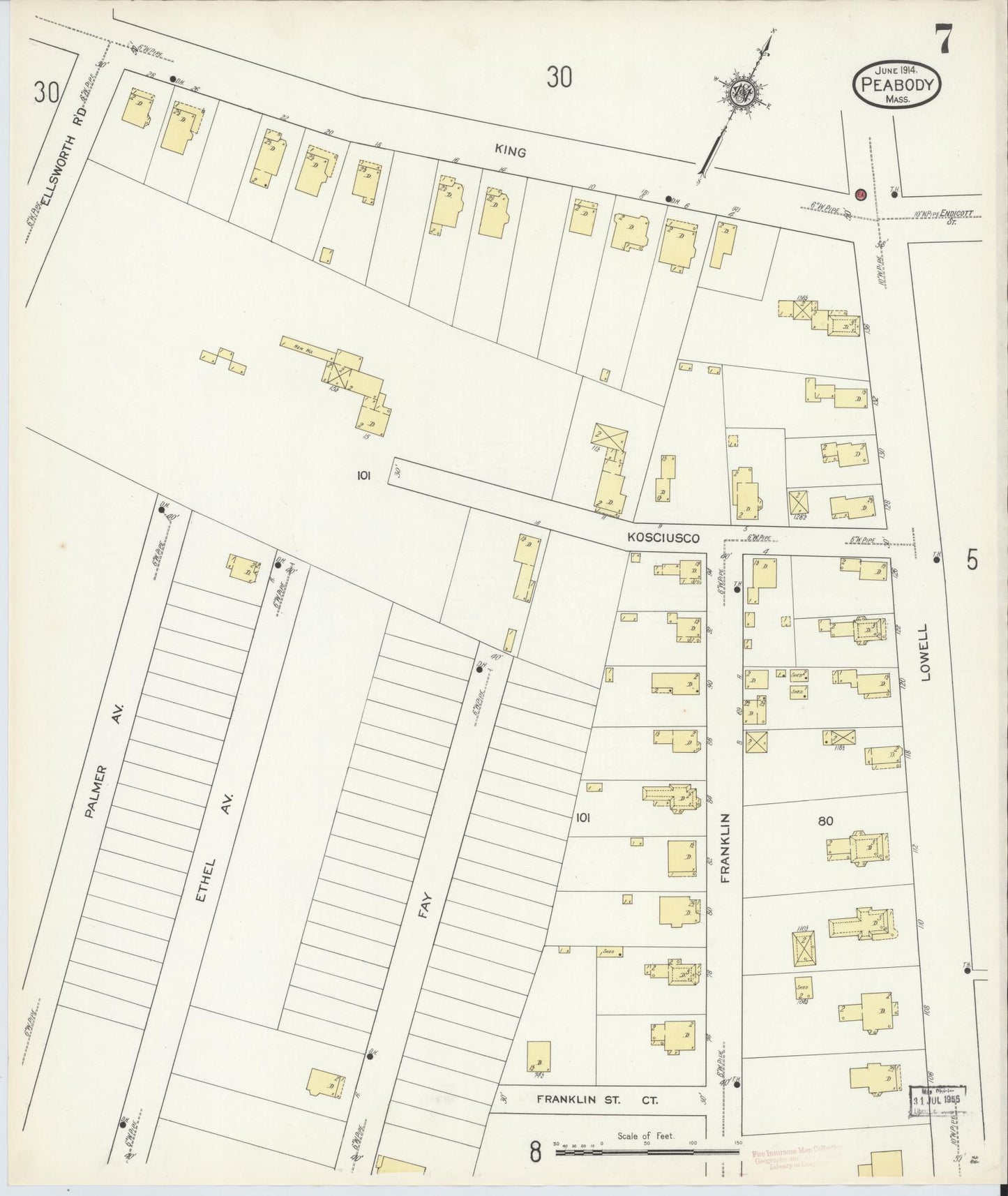 Sanborn Fire Insurance Map from Peabody, Essex County, Massachusetts (1914), Sheet #0007 - Historic Sanborn Fire Insurance Map Print, vintage old map wall art, antique decor, genealogy gift, Massachusetts Massachusetts map