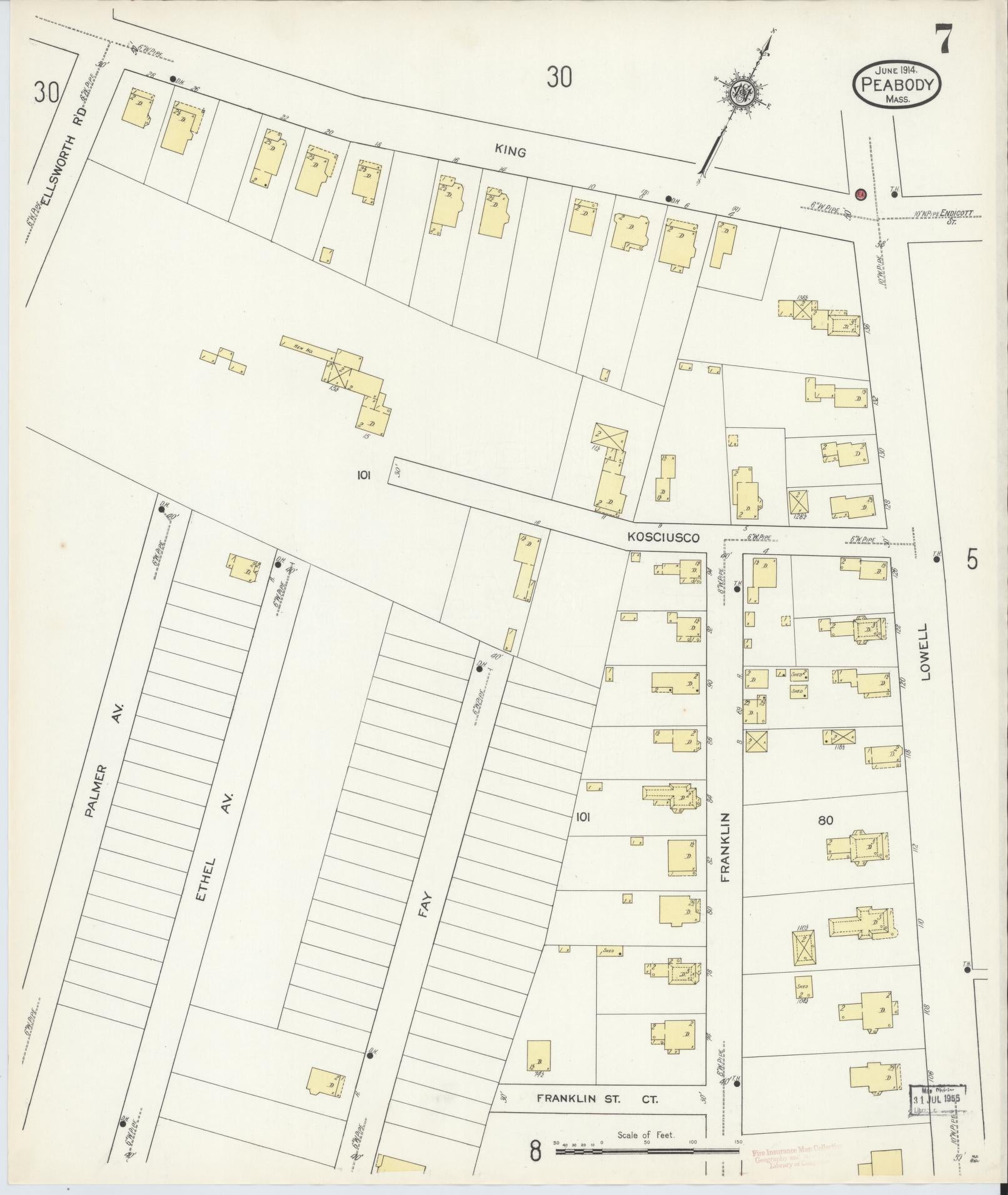 Sanborn Fire Insurance Map from Peabody, Essex County, Massachusetts (1914), Sheet #0007 - Historic Sanborn Fire Insurance Map Print, vintage old map wall art, antique decor, genealogy gift, Massachusetts Massachusetts map