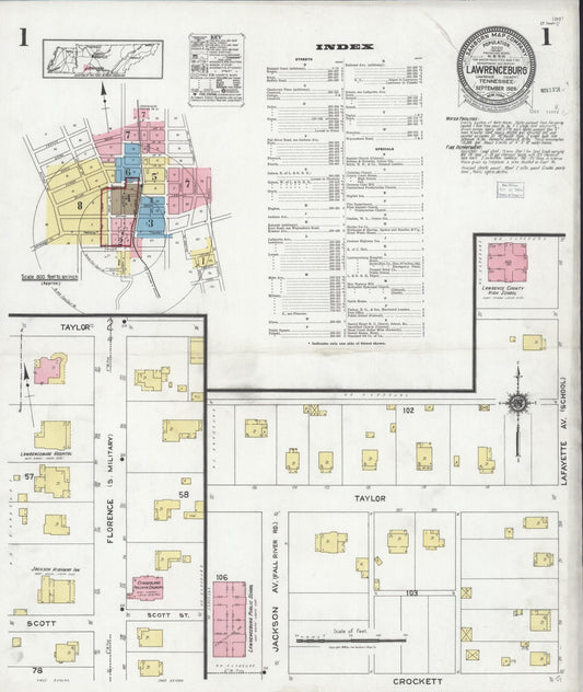 Sanborn Fire Insurance Map from Lawrenceburg, Lawrence County, Tennessee (1926), Sheet #0001 - Historic Sanborn Fire Insurance Map Print, vintage old map wall art, antique decor, genealogy gift, Tennessee Tennessee map