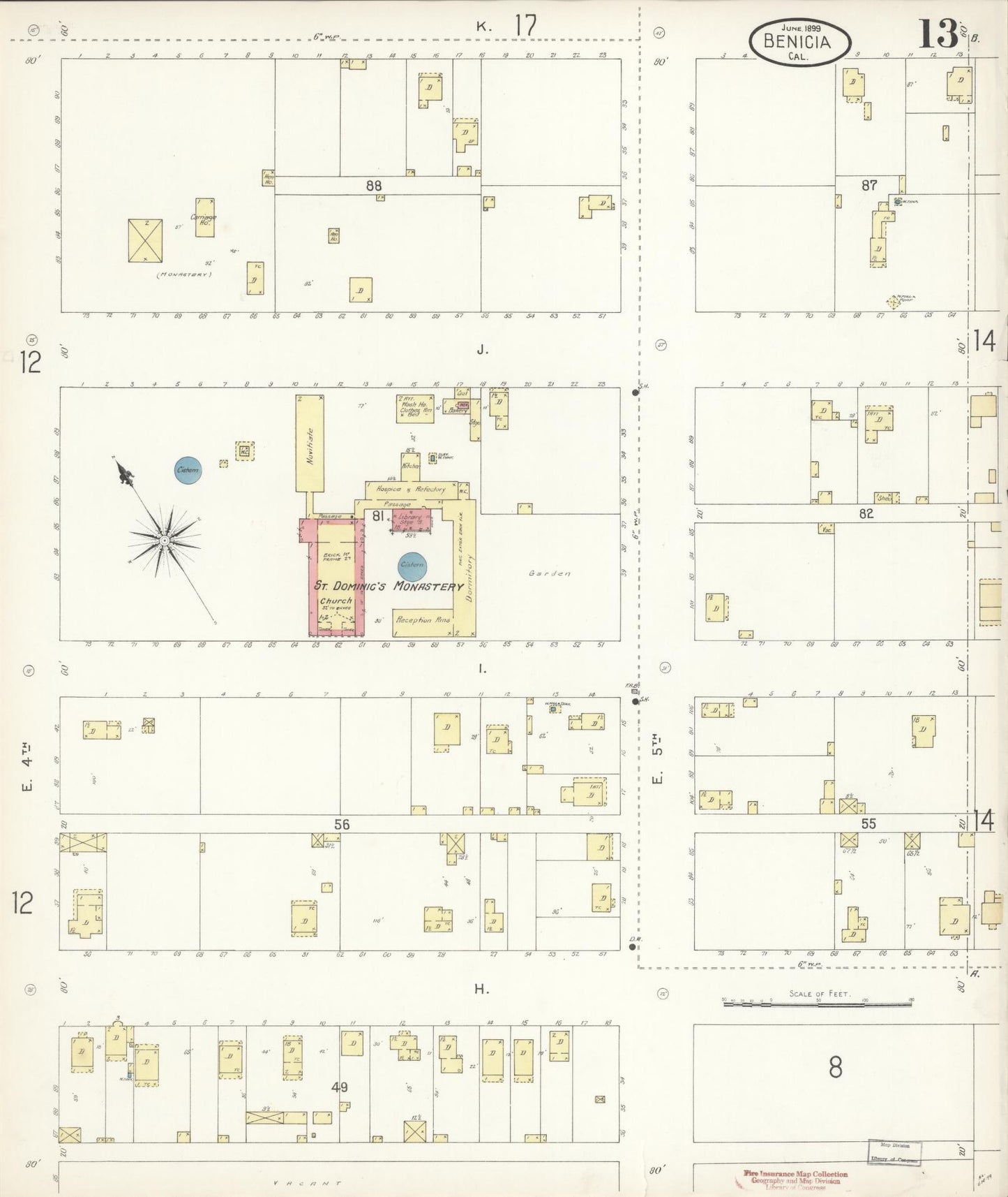 Sanborn Fire Insurance Map from Benicia, Solano County, California (1899), Sheet #0013 - Historic Sanborn Fire Insurance Map Print, vintage old map wall art, antique decor, genealogy gift, California California map