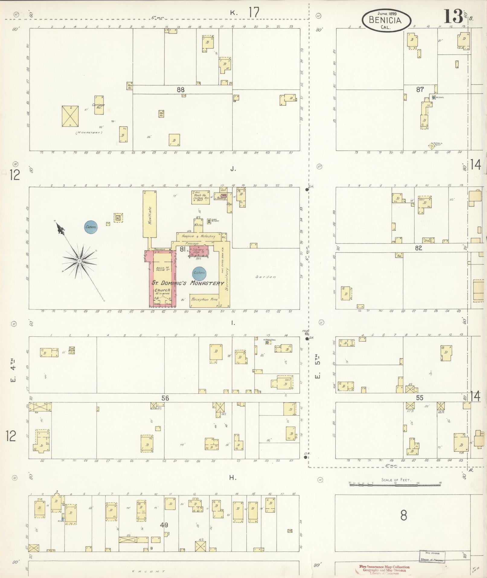 Sanborn Fire Insurance Map from Benicia, Solano County, California (1899), Sheet #0013 - Historic Sanborn Fire Insurance Map Print, vintage old map wall art, antique decor, genealogy gift, California California map