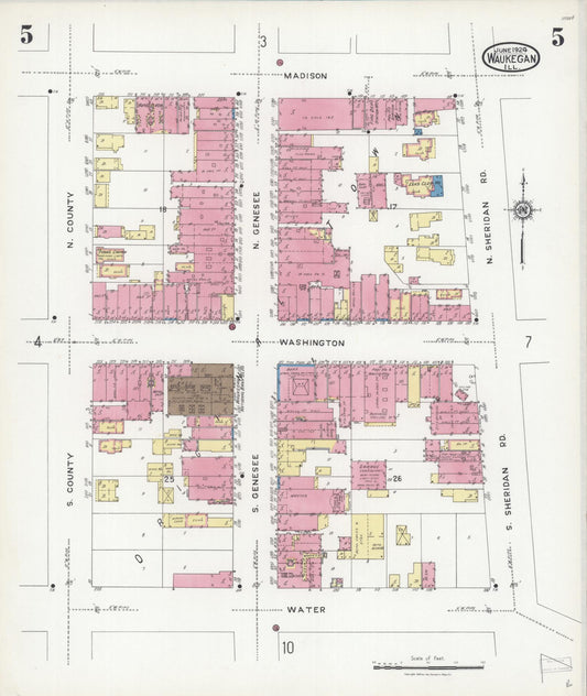 Sanborn Fire Insurance Map from Waukegan, Lake County, Illinois (1924), Sheet #0005 - Historic Sanborn Fire Insurance Map Print, vintage old map wall art, antique decor, genealogy gift, Illinois Illinois map