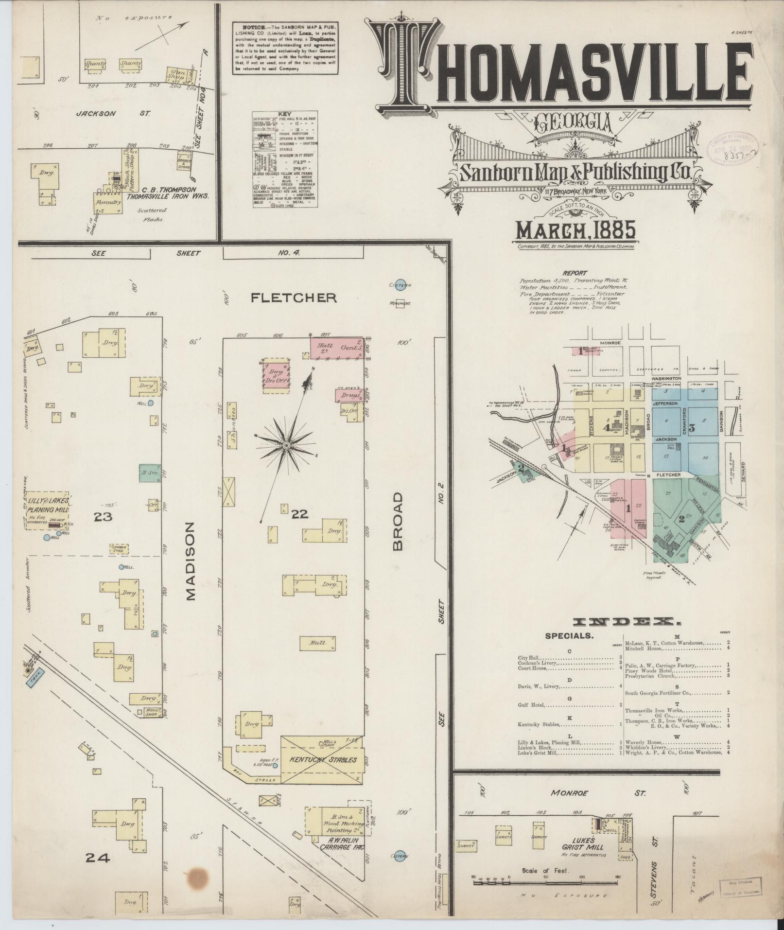 Sanborn Fire Insurance Map from Thomasville, Thomas County, Georgia (1885), Sheet #0001 - Historic Sanborn Fire Insurance Map Print, vintage old map wall art, antique decor, genealogy gift, Georgia Georgia map