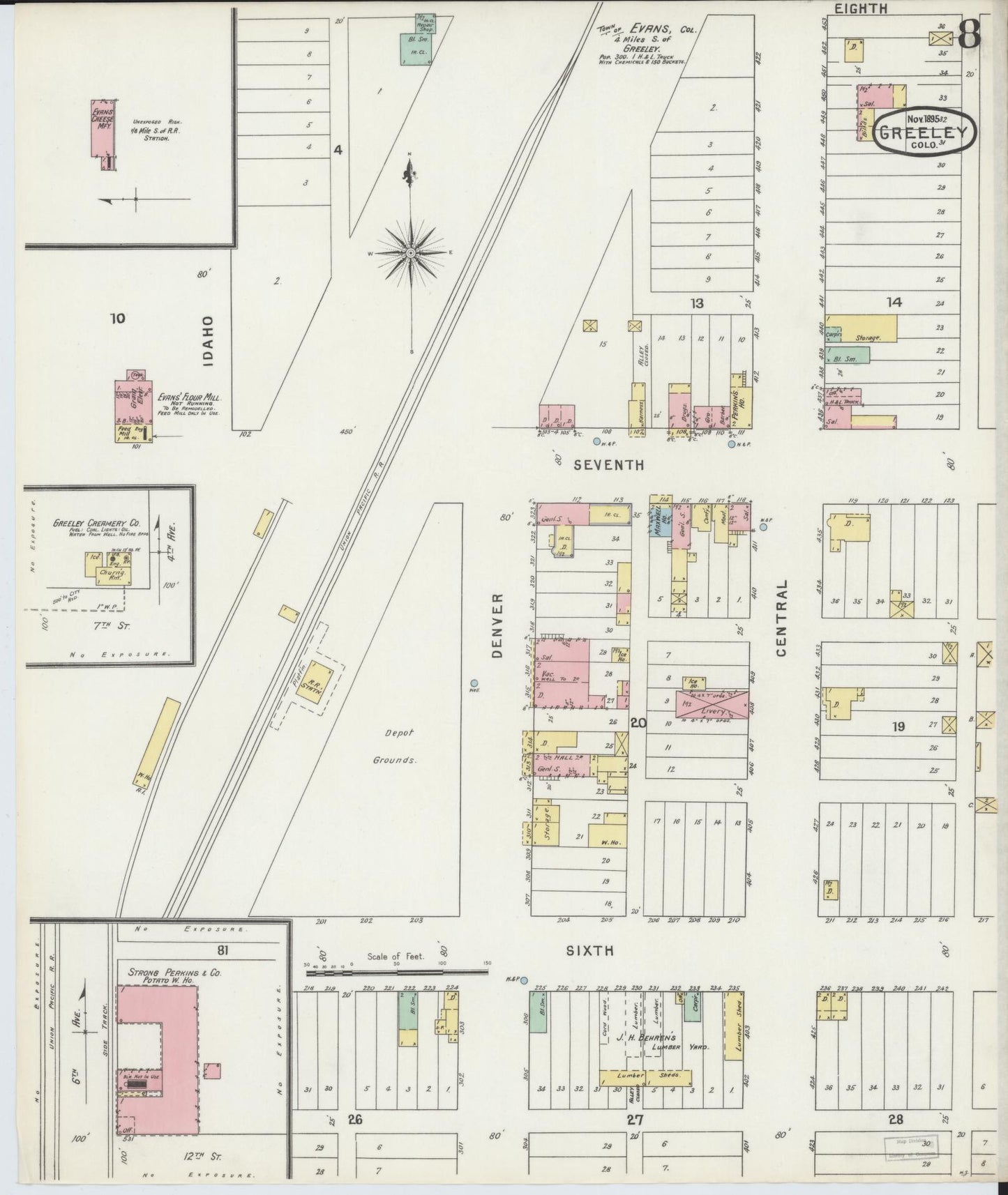 Sanborn Fire Insurance Map from Greeley, Weld County, Colorado (1895), Sheet #0008 - Historic Sanborn Fire Insurance Map Print, vintage old map wall art, antique decor, genealogy gift, Colorado Colorado map