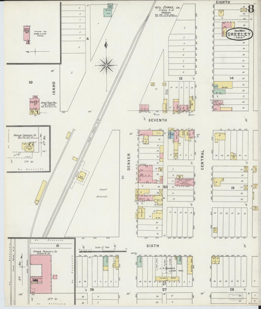 Sanborn Fire Insurance Map from Greeley, Weld County, Colorado (1895), Sheet #0008 - Historic Sanborn Fire Insurance Map Print, vintage old map wall art, antique decor, genealogy gift, Colorado Colorado map