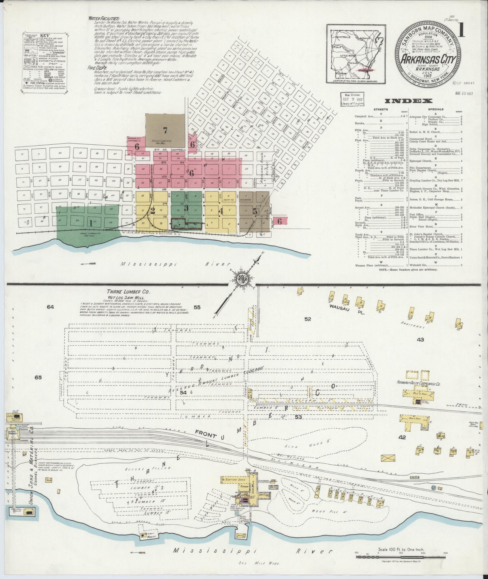 Sanborn Fire Insurance Map from Arkansas City, Desha County, Arkansas (1917), Sheet #0001 - Complete Map Set gallery image, historic Sanborn map, vintage wall art, Arkansas Arkansas