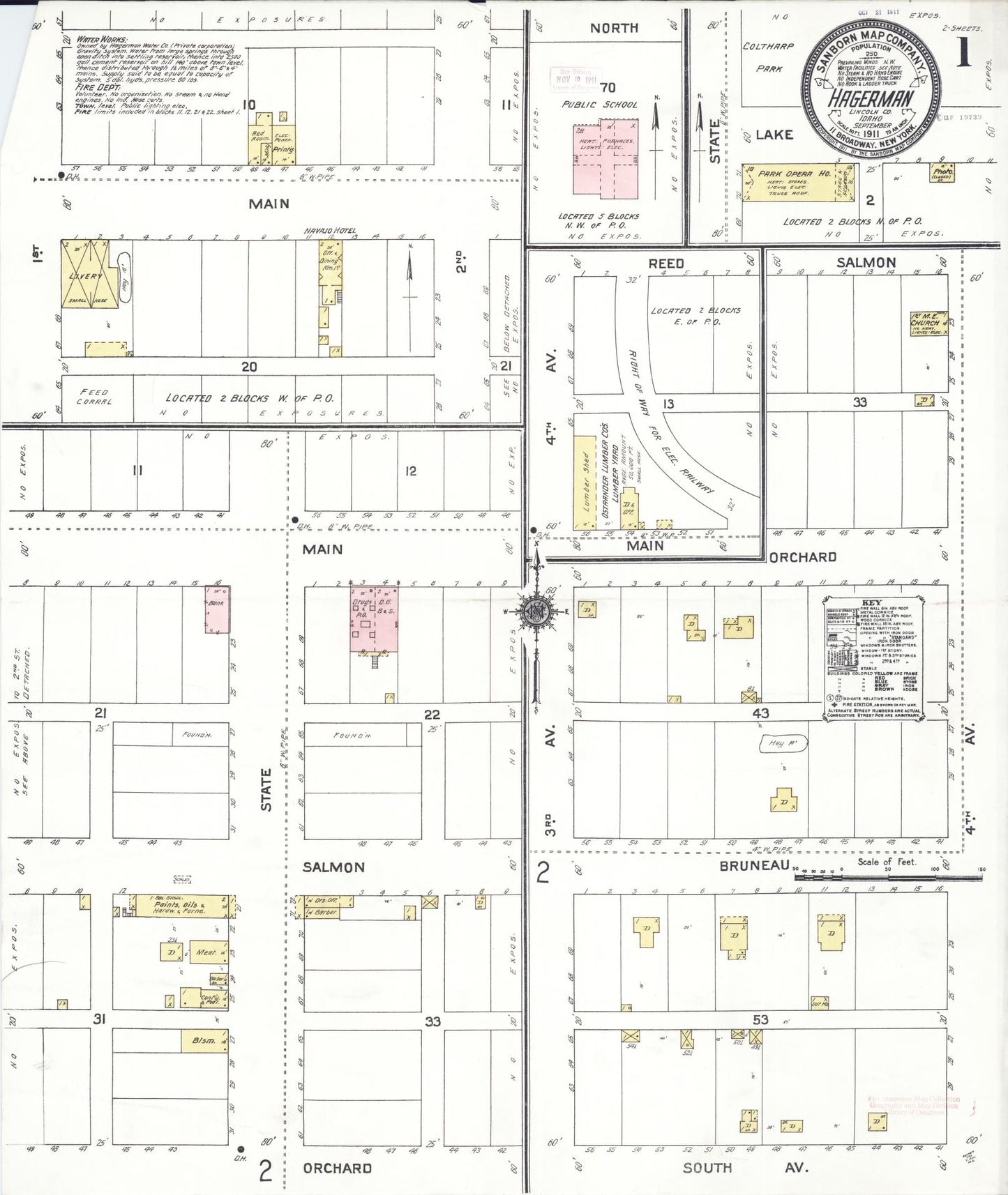 Sanborn Fire Insurance Map from Hagerman, Lincoln County, Idaho (1911), Sheet #0001 - Historic Sanborn Fire Insurance Map Print, vintage old map wall art, antique decor, genealogy gift, Idaho Idaho map