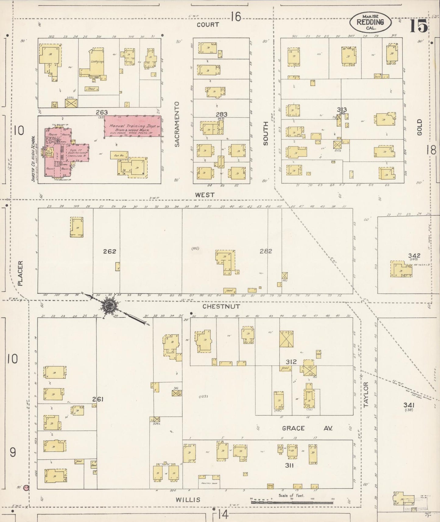 Sanborn Fire Insurance Map from Redding, Shasta County, California (1912), Sheet #0015 - Complete Map Set gallery image, historic Sanborn map, vintage wall art, California California