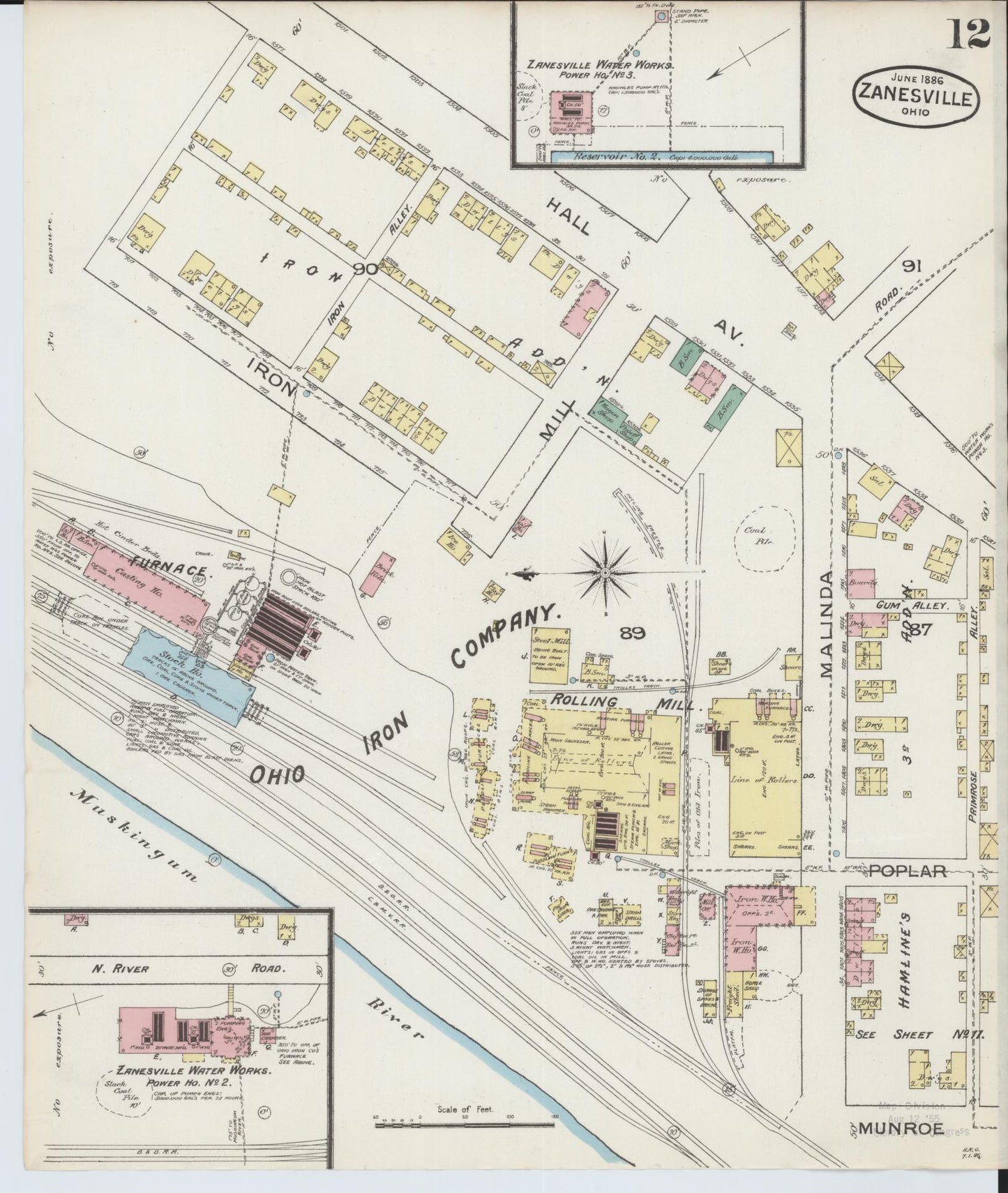 Sanborn Fire Insurance Map from Zanesville, Muskingum County, Ohio (1886), Sheet #0012 - Complete Map Set gallery image, historic Sanborn map, vintage wall art, Ohio Ohio