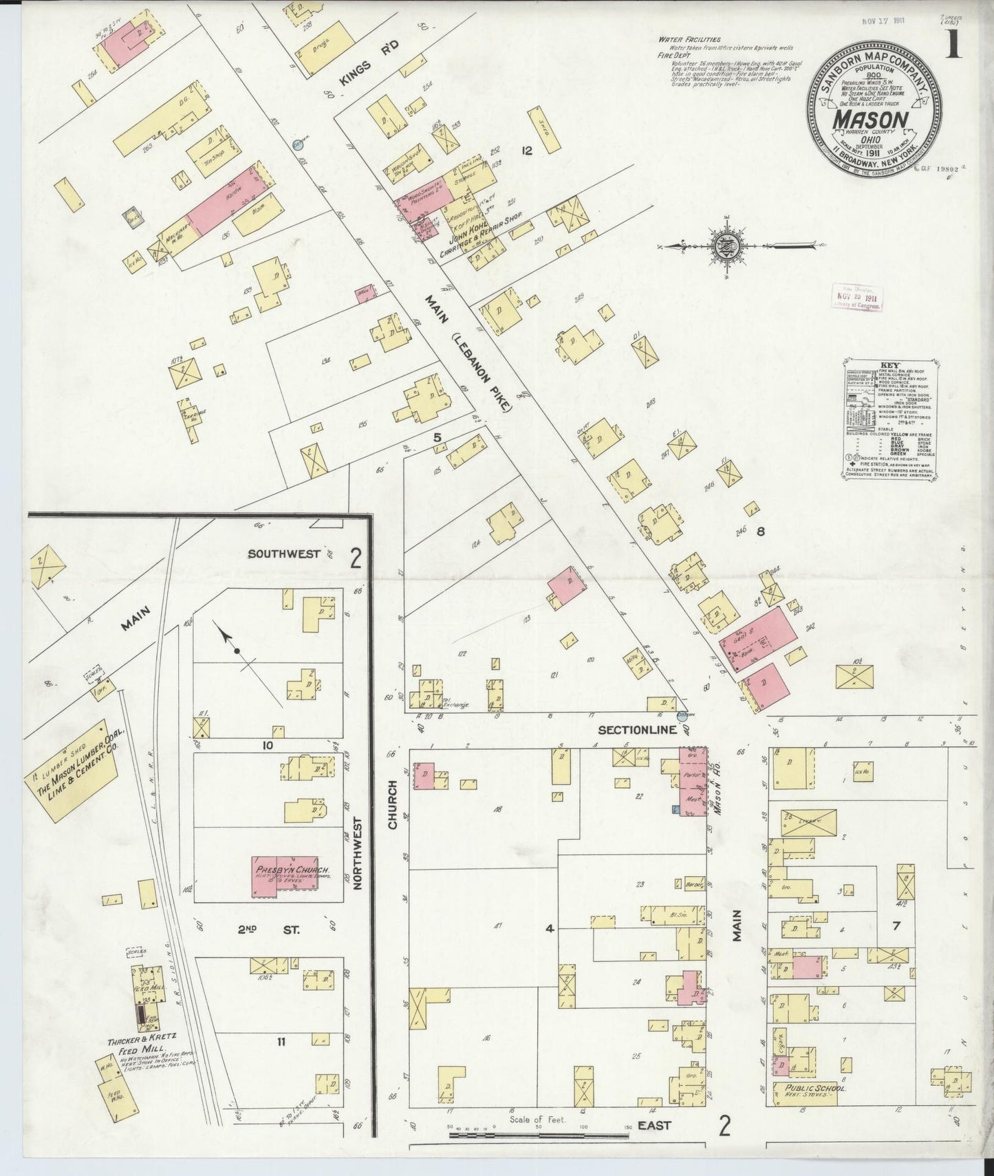 Sanborn Fire Insurance Map from Mason, Warren County, Ohio (1911), Sheet #0001 - Historic Sanborn Fire Insurance Map Print, vintage old map wall art, antique decor, genealogy gift, Ohio Ohio map