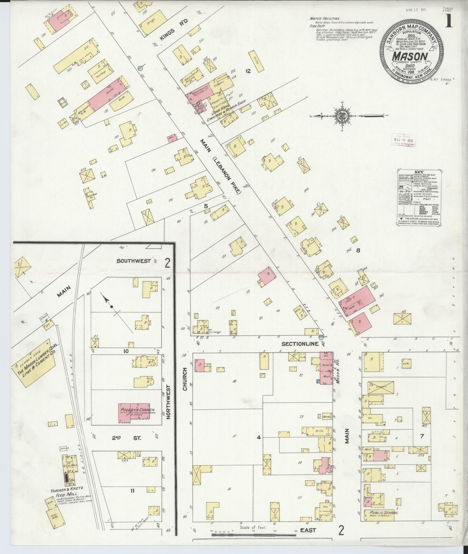 Sanborn Fire Insurance Map from Mason, Warren County, Ohio (1911), Sheet #0001 - Historic Sanborn Fire Insurance Map Print, vintage old map wall art, antique decor, genealogy gift, Ohio Ohio map