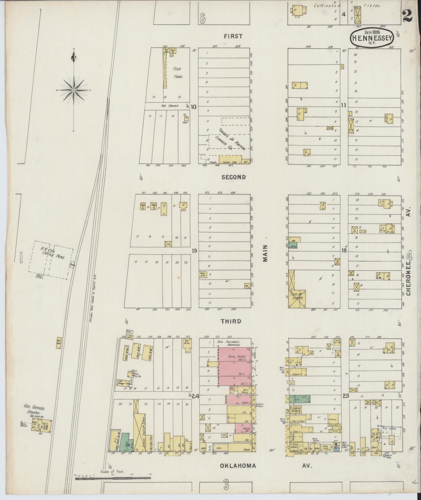 Sanborn Fire Insurance Map from Hennessey, Kingfisher County, Oklahoma (1895), Sheet #0002 - Complete Map Set gallery image, historic Sanborn map, vintage wall art, Oklahoma Oklahoma
