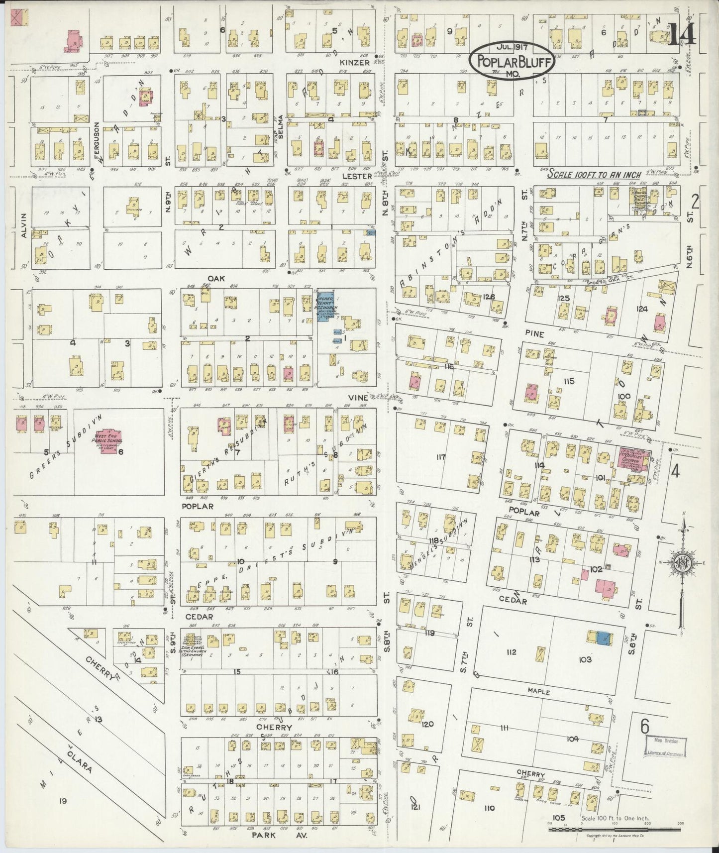 Sanborn Fire Insurance Map from Poplar Bluff, Butler County, Missouri (1917), Sheet #0014 - Historic Sanborn Fire Insurance Map Print, vintage old map wall art, antique decor, genealogy gift, Missouri Missouri map