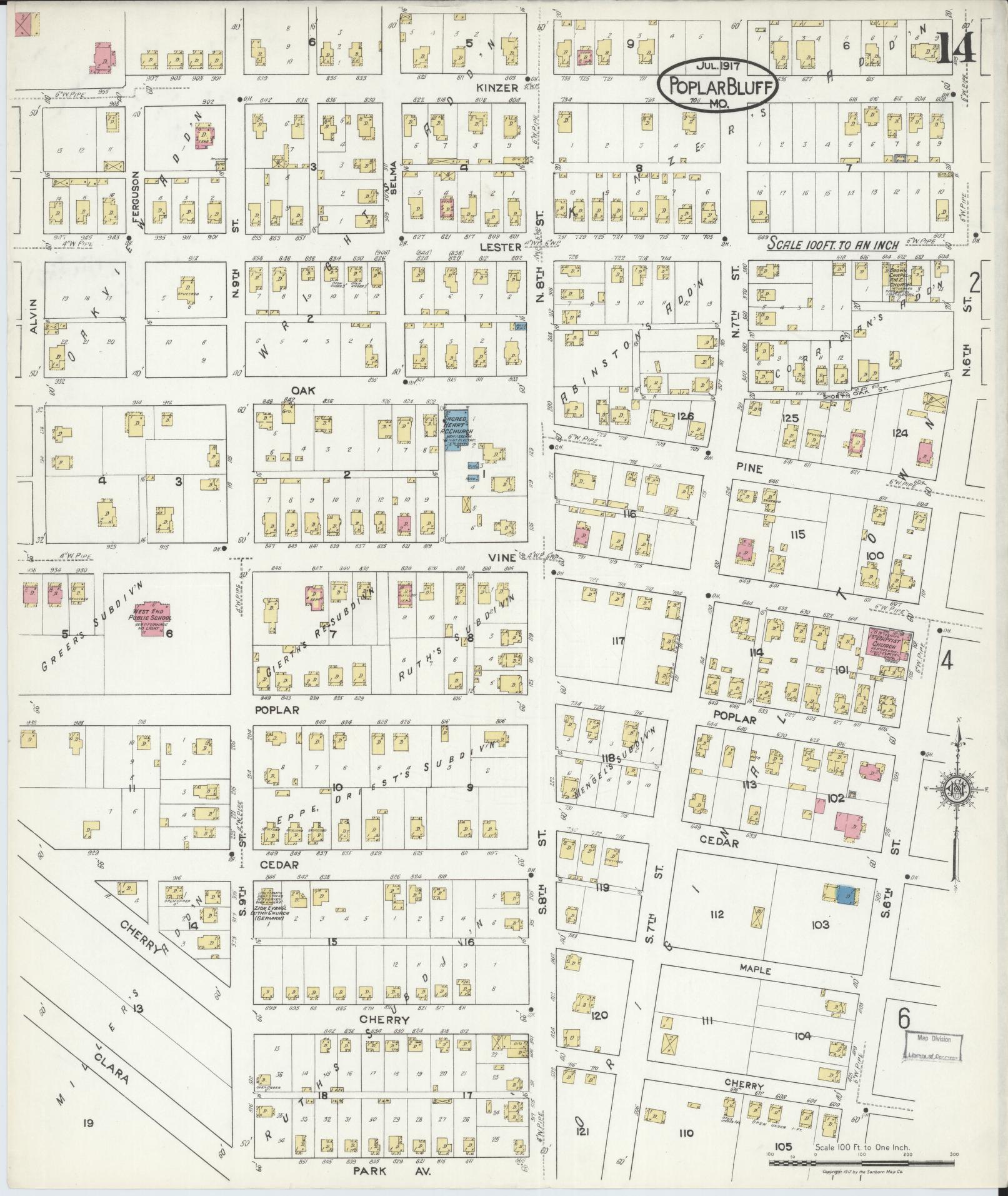 Sanborn Fire Insurance Map from Poplar Bluff, Butler County, Missouri (1917), Sheet #0014 - Historic Sanborn Fire Insurance Map Print, vintage old map wall art, antique decor, genealogy gift, Missouri Missouri map