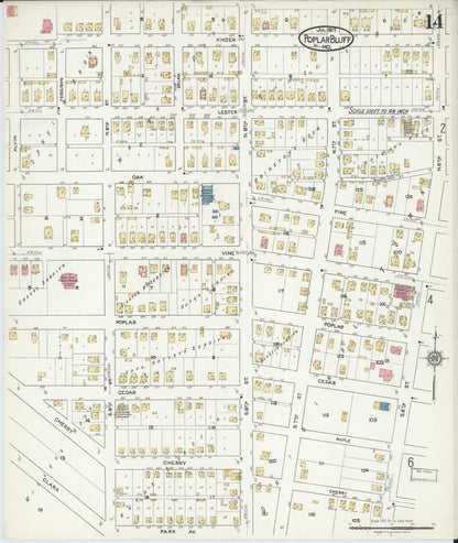 Sanborn Fire Insurance Map from Poplar Bluff, Butler County, Missouri (1917), Sheet #0014 - Historic Sanborn Fire Insurance Map Print, vintage old map wall art, antique decor, genealogy gift, Missouri Missouri map