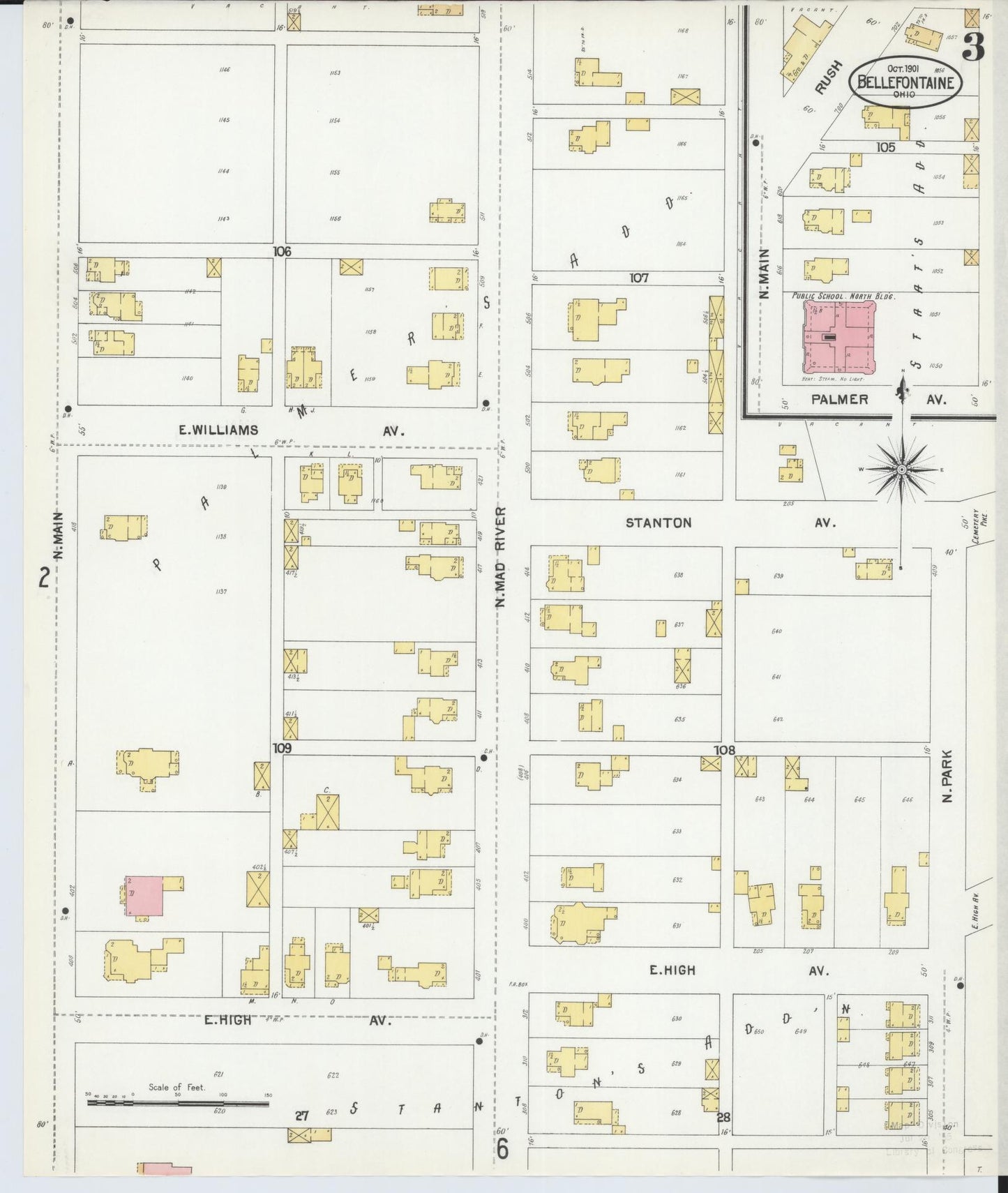 Sanborn Fire Insurance Map from Bellefontaine, Logan County, Ohio (1901), Sheet #0003 - Historic Sanborn Fire Insurance Map Print, vintage old map wall art, antique decor, genealogy gift, Ohio Ohio map