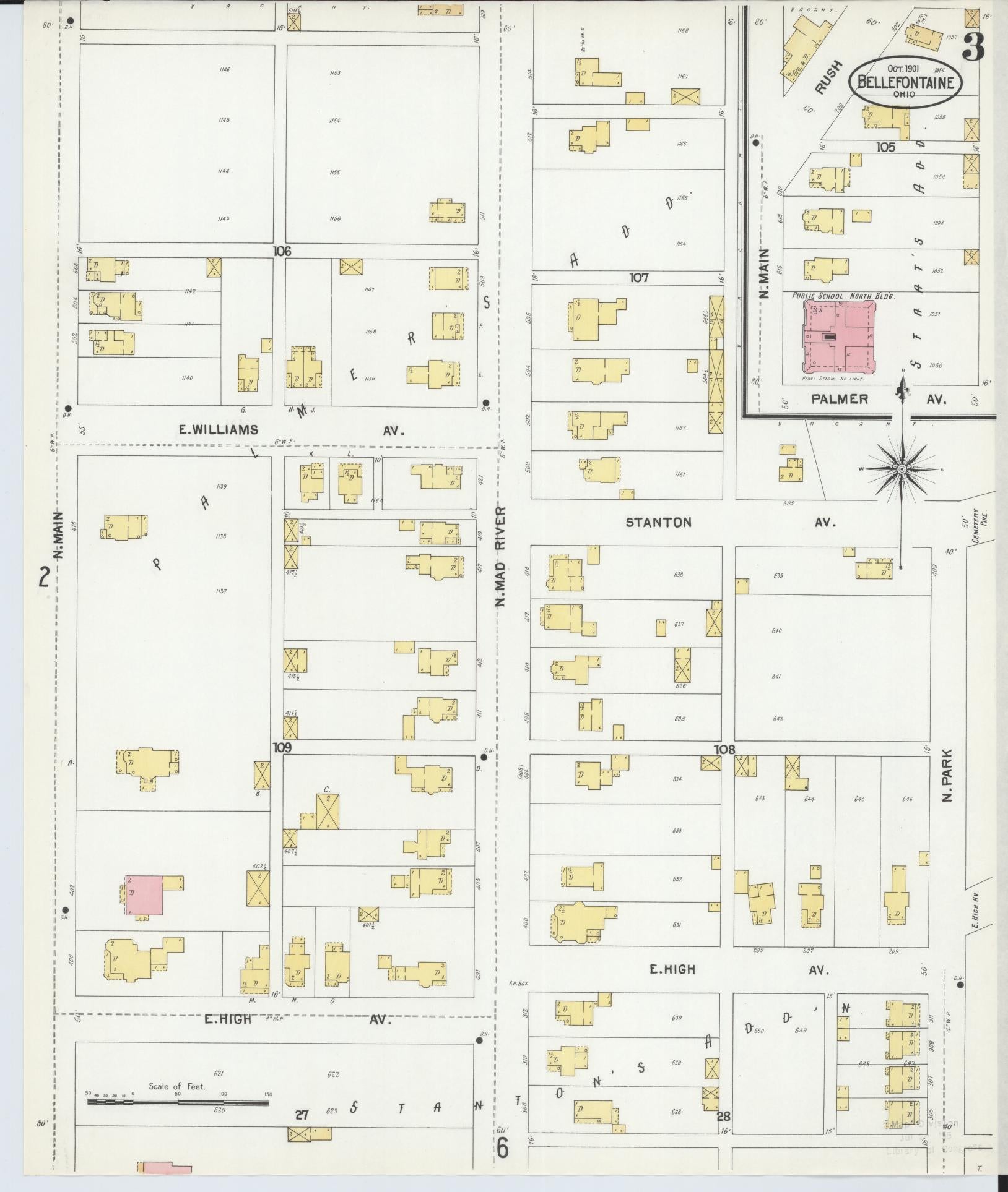 Sanborn Fire Insurance Map from Bellefontaine, Logan County, Ohio (1901), Sheet #0003 - Historic Sanborn Fire Insurance Map Print, vintage old map wall art, antique decor, genealogy gift, Ohio Ohio map