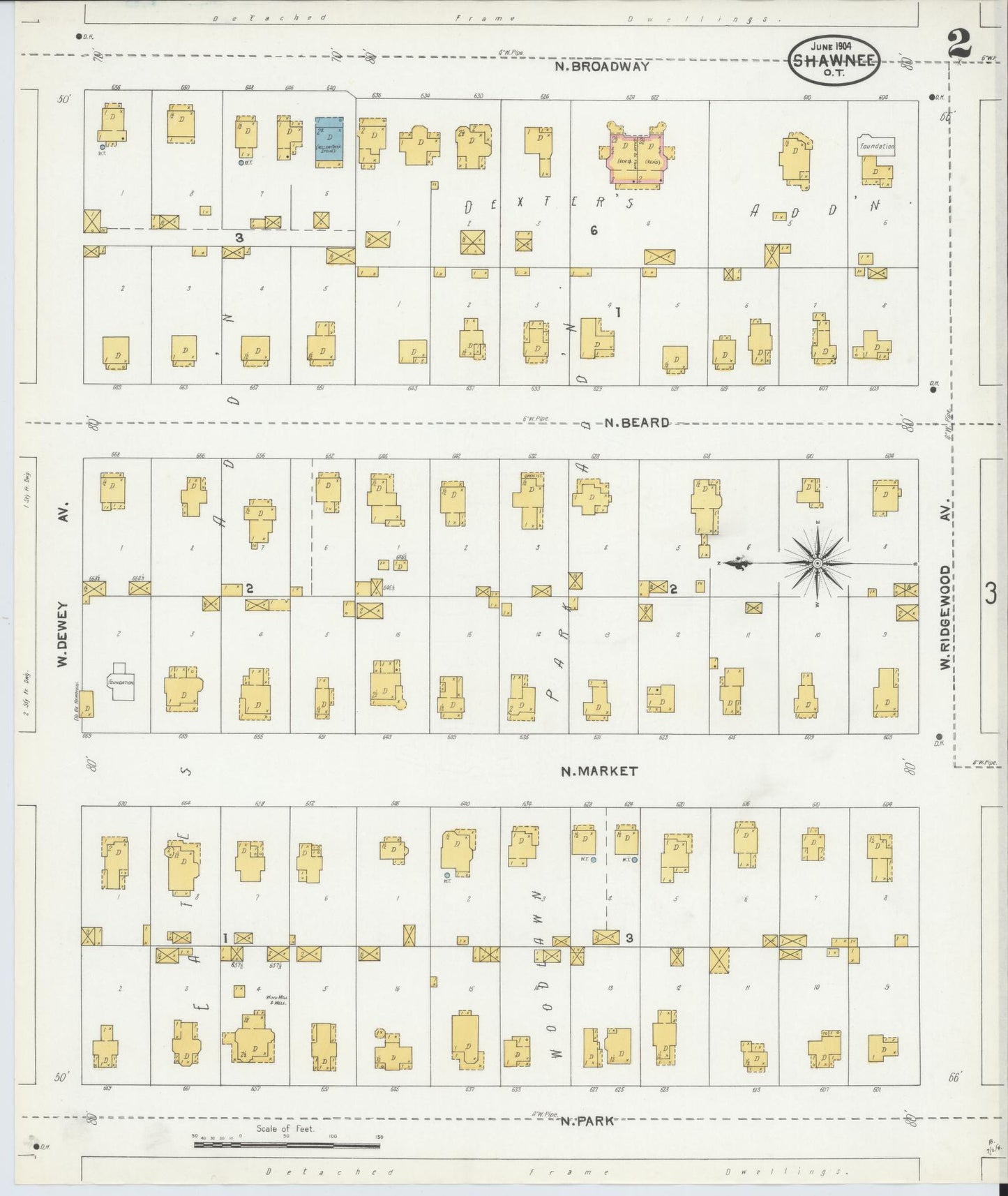 Sanborn Fire Insurance Map from Shawnee, Pottawatomie County, Oklahoma (1904), Sheet #0002 - Complete Map Set gallery image, historic Sanborn map, vintage wall art, Oklahoma Oklahoma