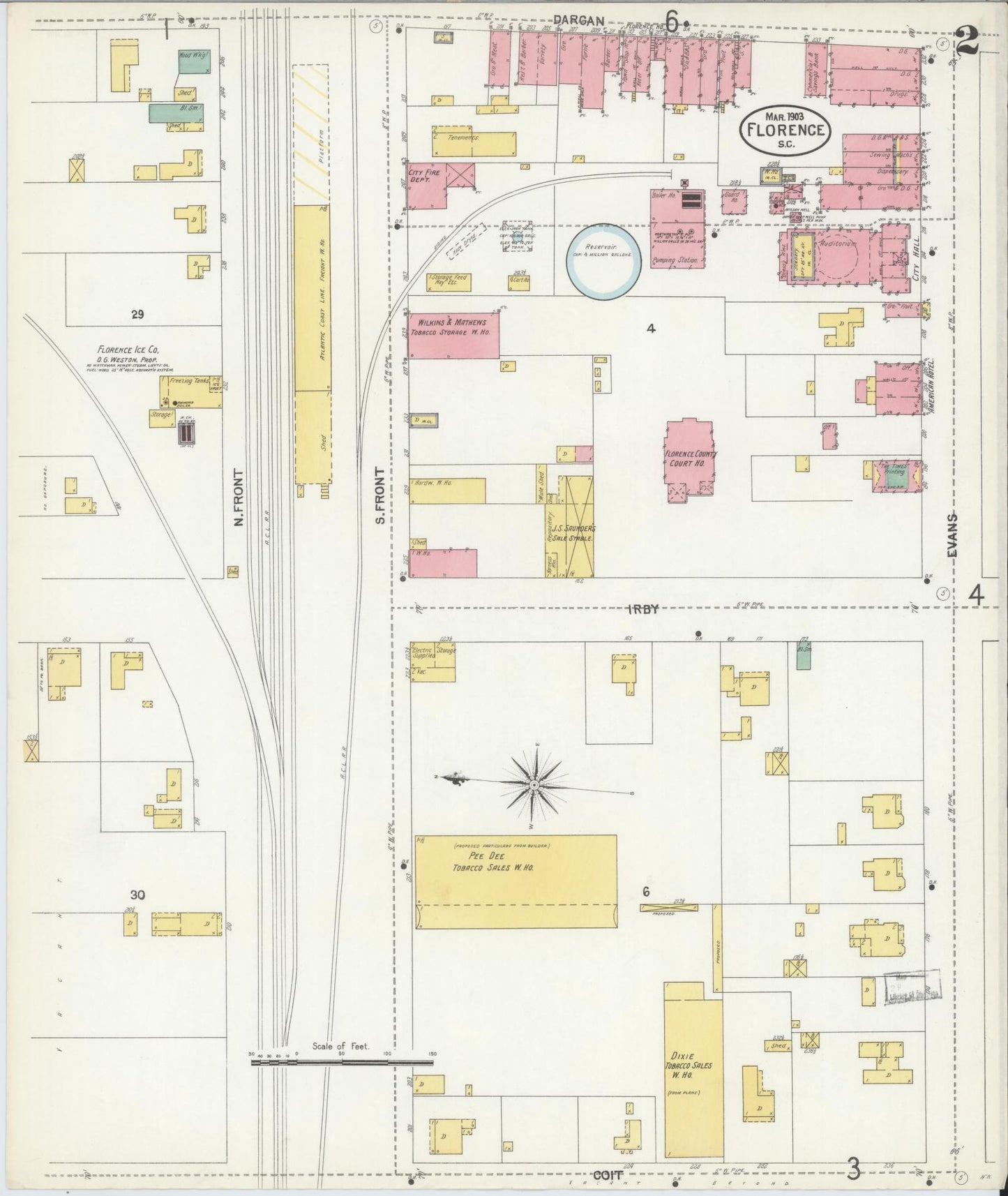 Sanborn Fire Insurance Map from Florence, Florence County, South Carolina (1903), Sheet #0002 - Historic Sanborn Fire Insurance Map Print, vintage old map wall art, antique decor, genealogy gift, South Carolina South Carolina map