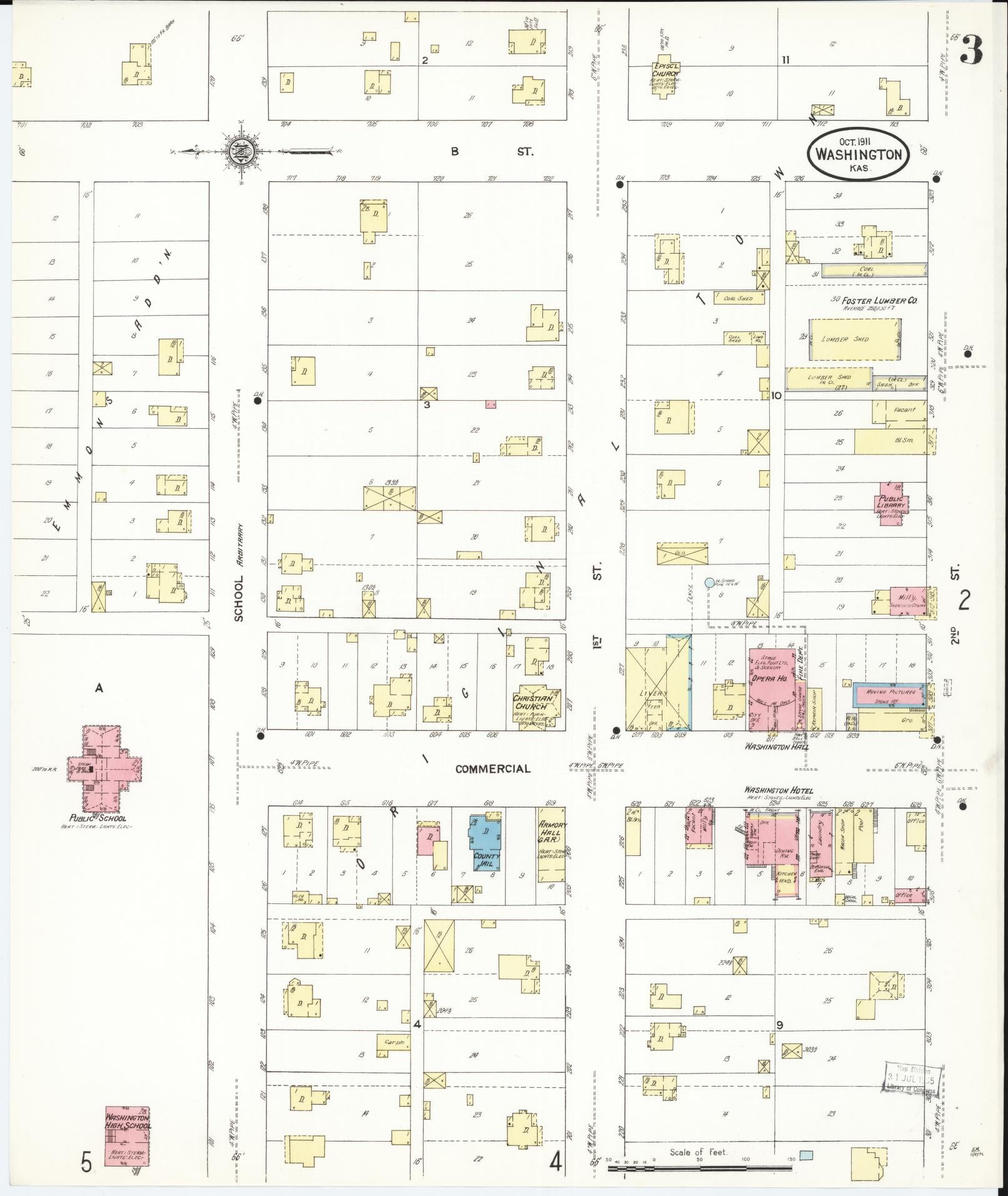 Sanborn Fire Insurance Map from Washington, Washington County, Kansas (1911), Sheet #0003 - Historic Sanborn Fire Insurance Map Print, vintage old map wall art, antique decor, genealogy gift, Sanborn Fire Insurance Map from Washington Washington map
